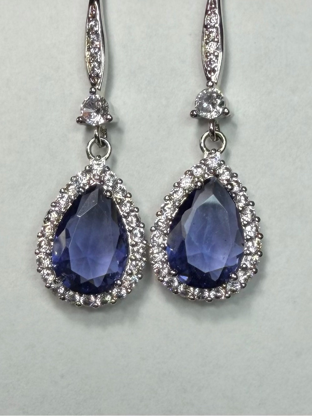 Sterling Silver Teardrop Blue Sapphire Halo Drop Earrings - Picture 3 of 5